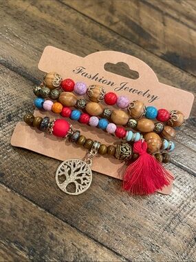 Fashion Jewelry Red Tassel & Multicolor Bead Stack Bracelet Set B43